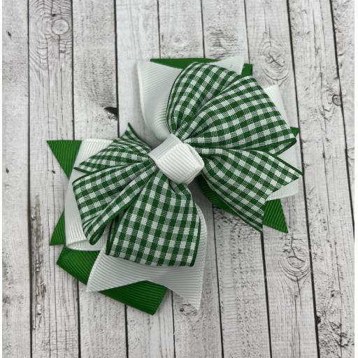 Green and White Gingham Checked Triple Layer Bow on Clip