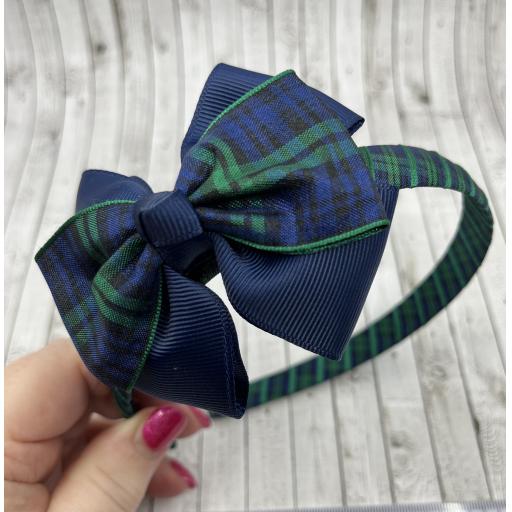 Black Watch Tartan Hairband With Navy Top Knot Bow