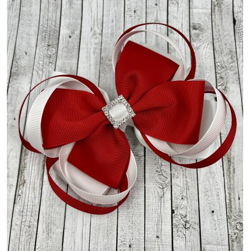 Large 5 inch Red and White Double Layer Bow with Triple Loops on Clip