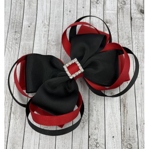 Large 5 inch Black and Red Double Layer Bow with Double Loops on Clip