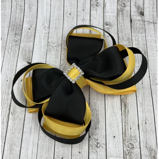 Large 5 inch Black and Yellow Gold Double Layer Bow with Double Loops on Clip