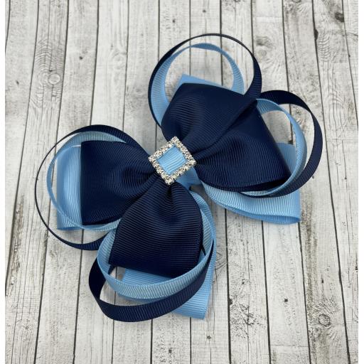 Large 5 inch Navy Blue and Light Blue Layer Bow with Double Loops on Clip