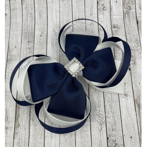 Large 5 inch Navy Blue and White Double Layer Bow with Double Loops on Clip