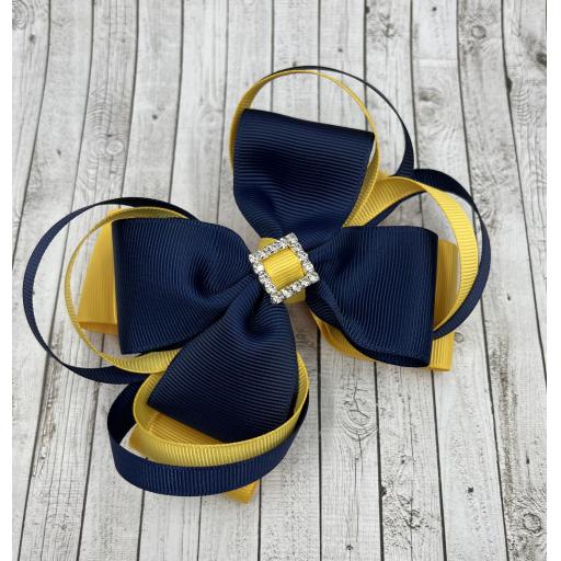 Large 5 inch Navy Blue and Yellow Gold Double Layer Bow with Double Loops on Clip