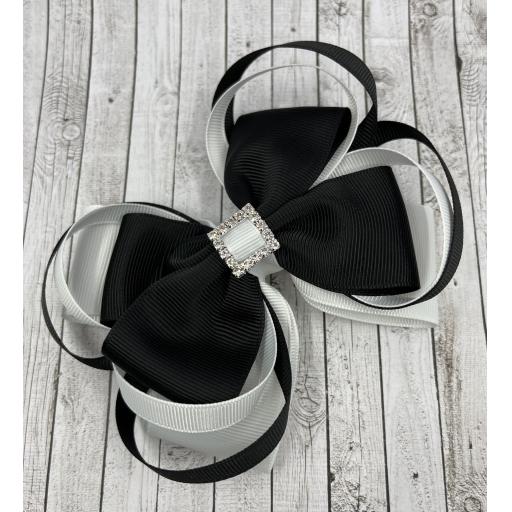 Large 5 inch Black and White Double Layer Bow with Double Loops on Clip