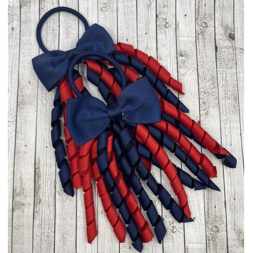 Pair of Navy and Red 5 inch Curly Corkers with bows on Elastics